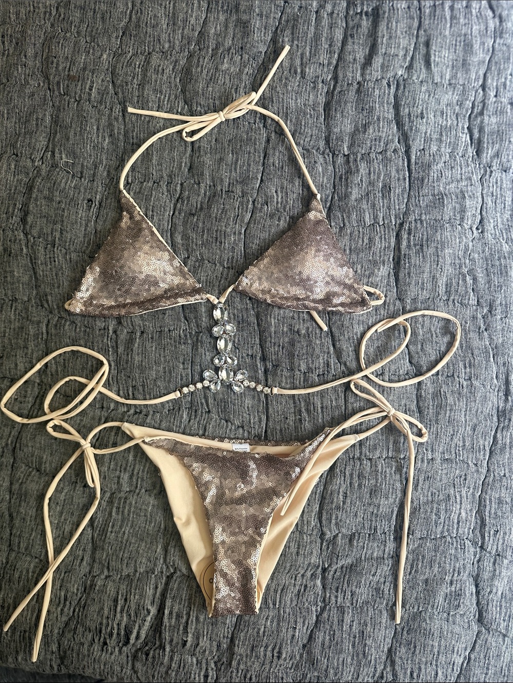 Sequin Embellished Beige Triangle Bikini - Women Swim